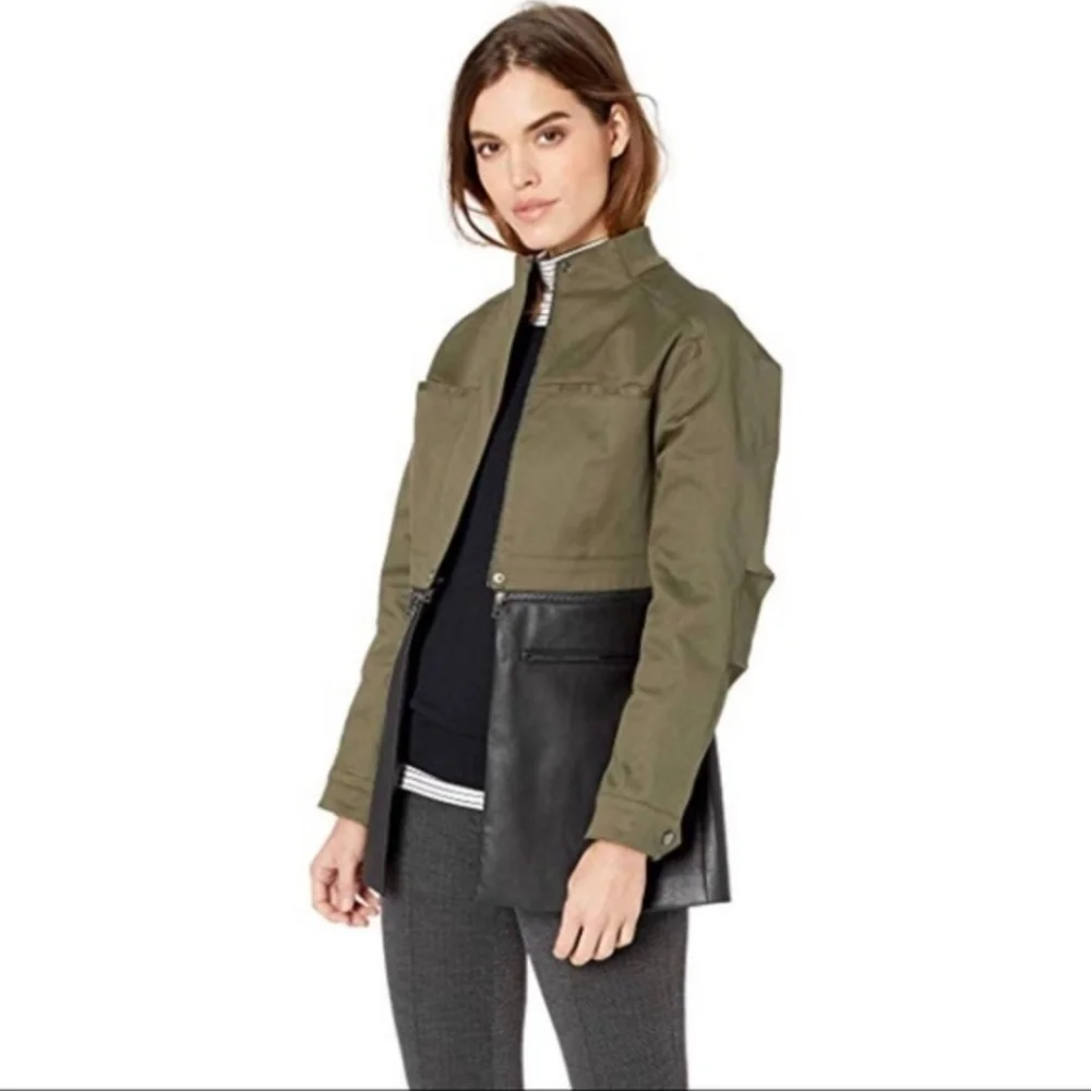 BCBGMAXAZRIA Military Jacket Faux-Leather-Peplum Olive Drab  Size XS